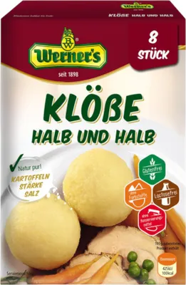 A product package for Werner's Klöße halb & halb, showing the product and its features.