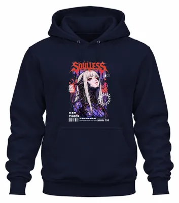 Imagen del producto de Sudadera con capucha estilo cyberpunk, diseño de cyborg, inspirada en el anime y la estética Y2K, con motivos japoneses, color azul marino, talla S