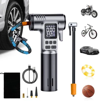 Produktbild von Elektrische Luftpumpe, Tragbarer Luftkompressor 150 PSI, Mini Akku Kompressor mit LED-Licht & Sicherheitshammer, 5 Modi, Fahrradpumpe Elektrisch