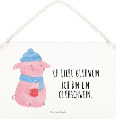 Produktbild von Mr. & Mrs. Panda Schild Schwein Glühwein DIN A5 - Weiß - Geschenk, Weihnachtsmarkt, Weihnachten, Glühschwein, Türschild, Wandbild Holz, holzbild, Punsch, Holzschild