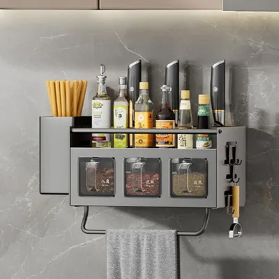 Produktbild von Küchenregale, Gewürzregale, Hängendes Küchenregal mit Haken & Gewürzdose, Wandregal, Küchenarbeitsplatten-Organizer, Schwarz