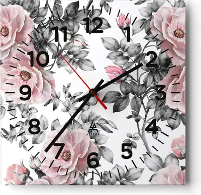 Produktbild von Wanduhr - Quadrat - Glasuhr - Blumen Blätter Pflanze Rose - 30x30cm - Schleichendes Uhrwerk - Lautlos - zum Aufhängen bereit - Dekoration Modern - Wanddekoration aus Glas - C4AC30x30-2952
