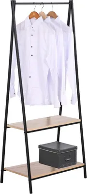 Zdjęcie produktu dla Wieszak na ubrania brązowy – z 2 półkami – wieszak na ubrania z półką na buty – metal i MDF – nowoczesny design