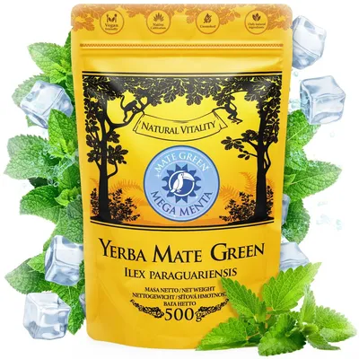 Obrázok produktu pre Yerba Mate Green Mega Menta 500 g – brazílska yerba mate s 12 % lístkami mäty piepornej a prírodnou mätovou arómou – svieža, osviežujúca a povzbudzujúca