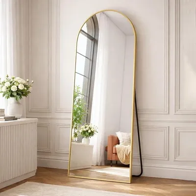 Imagen del producto de Espejo de cuerpo entero, espejo de pie curvado, marco de aleación de aluminio, vidrio templado, espejo para dormitorio, salón, vestidor - Dorado, 161x52 cm | 64" L x 21" W
