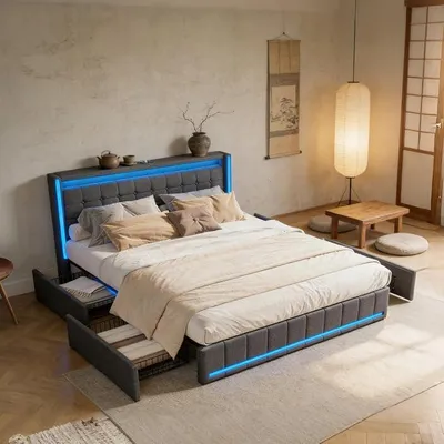 Obrázek produktu pro Postel s úložným prostorem 180x200 cm, dvojlůžko se 4 zásuvkami, postel pro mládež s LED osvětlením, úložná postel s roštovou základnou a čalouněnou opěrkou, materiál: len, bez matrace (šedá barva, 180x200 cm)