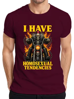 Zdjęcie produktu dla Koszulka męska "I HAVE HOMO UAL TENDENCIES Biker Skelett Statement", sarkastyczny nadruk, kolor burgundowy, rozmiar 3XL