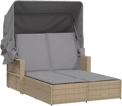 Produktbild von Doppel-Sonnenliege mit Dach und Auflagen, Poly Rattan Gartenliege für 2 Personen, verstellbares Gartenbett, Sonneninsel für Garten und Terrasse, Beige Hellgrau