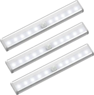 Produktbild von Aoresac Unterschrankleuchten, 3er-Pack, kabelloser Bewegungssensor, aufsteckbare 10-LED-Lichtleisten fuer Speisekammer/Schrank/Kueche/Badezimmer, batteriebetriebene magnetische Schrankbeleuchtung mit automatischer Ein-/Aus-Funktion