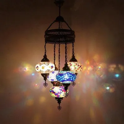 Produktbild von Mozaïek Hanglamp aus Kupfer - Türkische Lampe mit 5 Bollen - Ostere Lampen mit Mosaikglas E14/E27