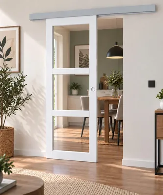 Immagine prodotto di Porta scorrevole Kenya bianca con vetro trasparente H204 x L83 cm, binario in alluminio, conchiglie bianche GD MENUISERIES