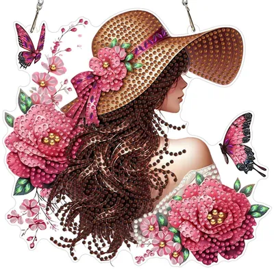 Produktbild von Diamond Painting Anhänger mit Kette 20x20cm Blumen Schmetterlinge Frau Fensterbild Hängend