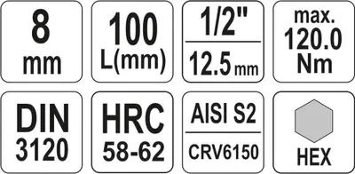 Obrázek produktu pro Yato YT-04394, Chrom-vanadová ocel (Cr-V), Šestihranná stopka vrtáku, 25,4 / 2 mm (1 / 2"), Šestihranná stopka vrtáku, 120 Nm, 1 kusů