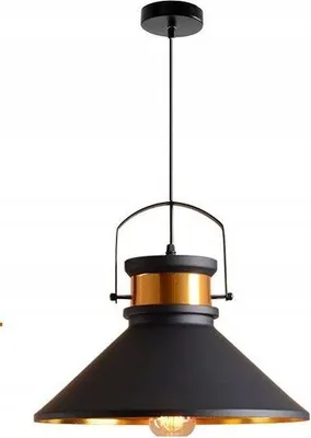 A black and gold pendant light fixture against a white background.