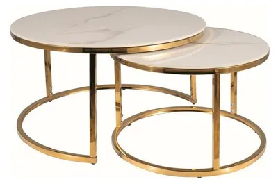 Image de Set de 2 tables basse ronde "Portafino A" - Blanc/Dorée - D 60 x H 45 cm