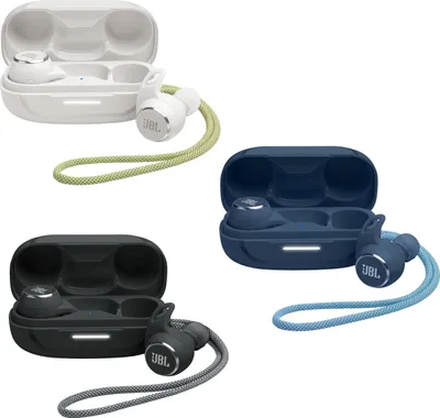 A collage of four different colored JBL Reflect Aero True Wireless Earbuds with their charging cases.