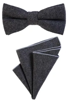 Produktbild von DonDon Herren Fliege 12 x 6 cm gebunden längenverstellbar und Einstecktuch 23 x 23 cm farblich passend aus Baumwolle dunkelgrau