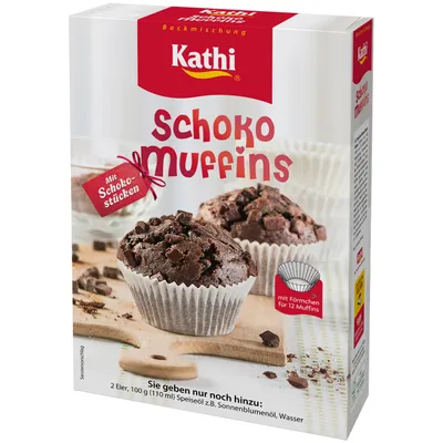 Produktbild von Kathi Backmischung für Schoko Muffins mit Schokoladenstücken und Förmchen 6er Pack (6x380g Packung) + usy Block