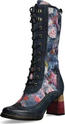 Produktbild von Laura Vita Damen Stiefel mit Blumenmuster und Flügelkappe Idcano 07, Größe:40 EU, Farbe:Blau