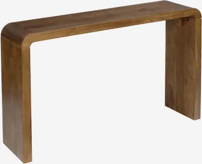 A wooden console table with a curved top and two legs.