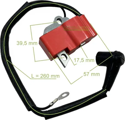 A red ignition coil with measurement annotations.