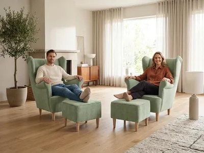 Produktbild von 2er-Set Ohrensessel ZOJA Royal – inkl. Hocker, Velours in Mint, Family Meble, KI-generiertes Bild