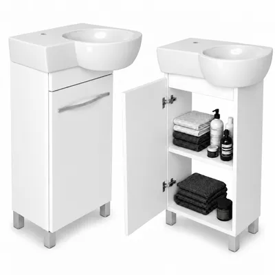 Produktbild von Waschtischunterschrank 50 cm stehend mit Waschbecken Weiß Hochglanz / Schmal Soft-Close, Türanschlag L/R, verstellbare Ablage, ideal für Gäste-WC