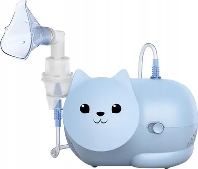 A light blue cat-shaped nebulizer with a mask and tubing is shown against a white background.