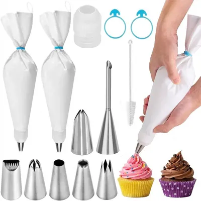 Produktbild von Spritzbeutel Set 14-teilig wiederverwendbar spülmaschinenfest Edelstahl Tüllen für Kuchen Torten Cupcakes