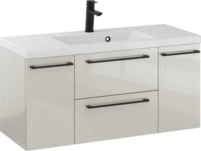 Produktbild von FURNI Waschtischunterschrank RON 100 D cm - Kaschmir - Hängender Badschrank mit Mineralguss - Waschbecken - Griffe Schwarz matt - Vormontiert
