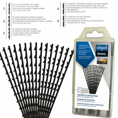 Produktbild von SCHEPPACH Universal Sägeblätter 60 Stk für Dekupiersäge ohne Querstift 130x75x16