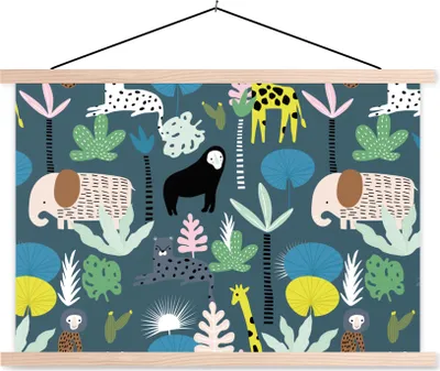 Produktbild von MuchoWow® Textilposter Tiere - Pflanzen - Dschungel - Blau 120x80 cm mit holzfarbenen Rahmen - Aufhängeset
