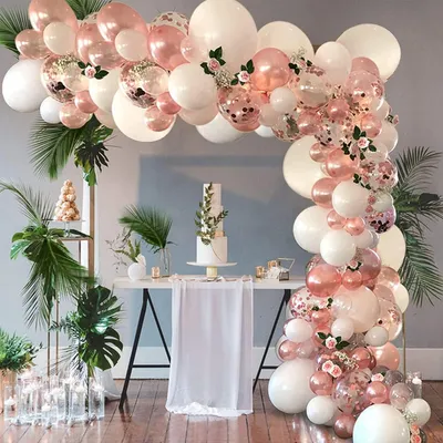 Productafbeelding van Ballonnen in roze goud en wit met confetti, 140 stuks, set voor decoratie en feestversiering