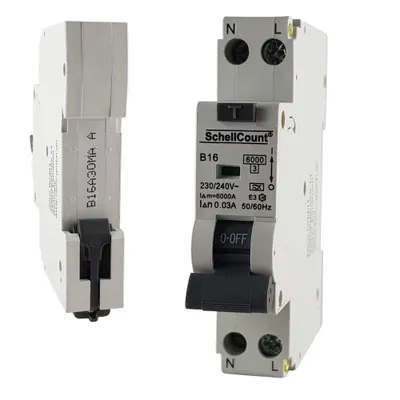 A product shot of two electrical circuit breakers, one shown from the side and the other from the front.