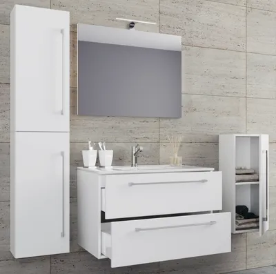 Produktbild von VCM 5-tlg. Set | 1 Waschtisch mit zwei Schubladen, 1 Spiegel, 1 Waschbecken, 1 Midischrank, 1 Hochschrank | Keramik Waschbecken | hängend Unterschrank 60 cm | Badmöbel Set Waschplatz – Badinos