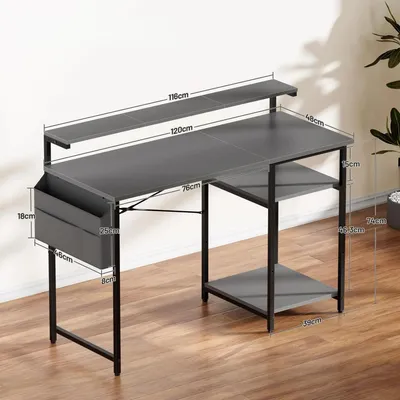 Zdjęcie produktu dla Biurko – biurko komputerowe 120x50 cm – oświetlenie LED – podwyższenie na monitor – 2 półki i torba do przechowywania – metalowa konstrukcja – kolor szary