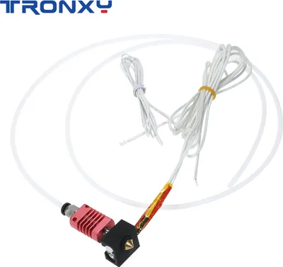 A 3D printer extruder hotend kit with PTFE tubing and wires, shown against a white background.