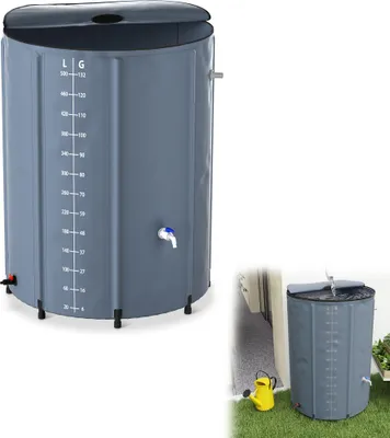 Produktbild von UISEBRT 500 Liter Faltbare Regentonne, Regenwassertonne, Regenwassertank, UV-stabil & witterungsbeständig, Mit Überlaufschutz & seitlicher Skala, Kompakt für Garten, Balkon, Camping, Dunkelgrau