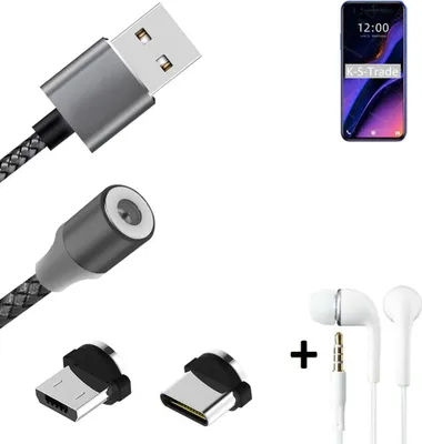 Produktbild von K-S-Trade® Hochwertiges Magnet-Lade-kabel Sync-Kabel Daten-Kabel + Kopfhörer für Doogee X95 mit USB-Typ-C-Anschluss und Micro-USB-Anschluss 2A bis