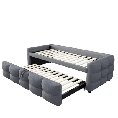 Produktbild von Polsterbett Ausziehbares Schlafsofa 90/180*190cm, Puffbett, Teddy Samt Stoff, Einzelbett, Doppelbett, Mit Lattenrost, Multifunktionsbett, Grau