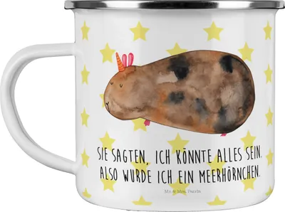 Produktbild von Mr. & Mrs. Panda Pott Einhorn Meerschweinchen - Weiß - Geschenk, Einhörner, becher emaille, Tasse, Teetasse, Meerhörnchen, Unicorn, Meerschwein, Blechtasse, Outdoor
