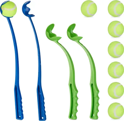 Immagine prodotto di Lanciatore di palline Relaxdays per cani, set da 4 lanciatori, incluse 8 palline da tennis, giocattolo da lancio per cani, lanciapalline, colorato
