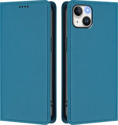 Image de Étui en cuir pour iPhone 14 Plus, étui à rabat magnétique en cuirPolyuréthaneavec support, bleu lac