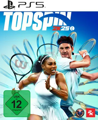 Cover art for the video game Top Spin 2K25 for PlayStation 5, featuring tennis players Serena Williams and Roger Federer.