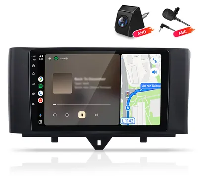 Obrázek produktu pro Autorádio 4+64GB s kamerou a mikrofonem, kompatibilní s modely Smart Fortwo 451, ročníky 2010-2015. Funkce: Carplay, Android Auto, GPS navigace, Wi-Fi, Bluetooth, DAB+RDS, ovládání z volantu. Displej 9 palců