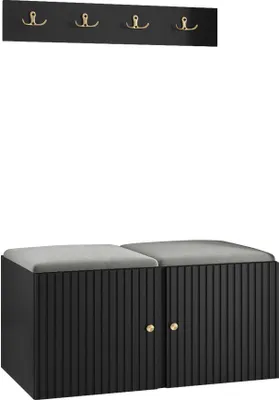 Produktbild von MIRJAN24 Garderoben-Set Orion Ryfel Slim VI, Schuhschrank, Kleiderhakenbrett, 2x Sitzpaneel 42x42, Metallgriffe, 4 Kleiderhaken (Farbe: Schwarz, Manila 16)