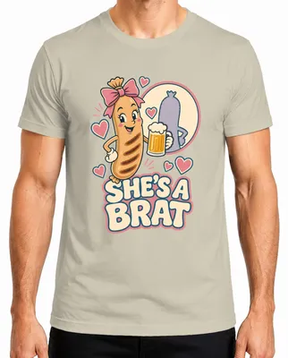 Obrázok produktu pre Dámske tričko "Brat", motív: klobása bratwurst, pivo, , tradičné nemecké oblečenie (Trachten), kožené nohavice (Lederhose), pánske tričko, farba: prírodná, veľkosť: S