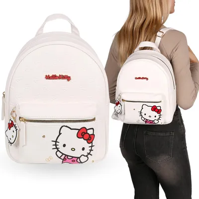Imagen del producto de Mochila de cuero blanca de Hello Kitty con llavero, mochila urbana para mujer, 29x24x11 cm