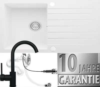 A collage showing a white kitchen sink with a black faucet and a 10-year warranty badge.