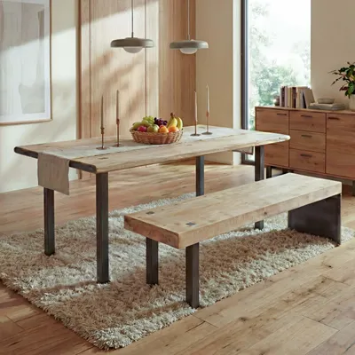 Zdjęcie produktu dla Zestaw do jadalni HWC-L75, stół z ławą do jadalni, lite drewno z certyfikatem MVG 200 cm, naturalny